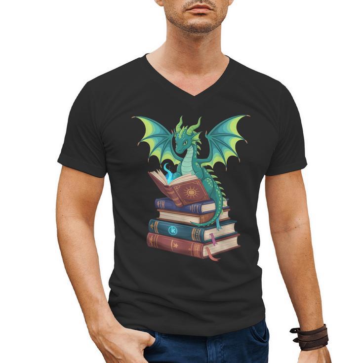 Dragon Reading Books Fantasy Lovers Mythical Creatures Men's V-Neck T-Shirt