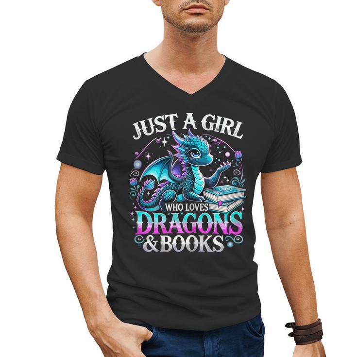 Dragon Reading Just A Girl Who Loves Dragons And Books Men's V-Neck T-Shirt