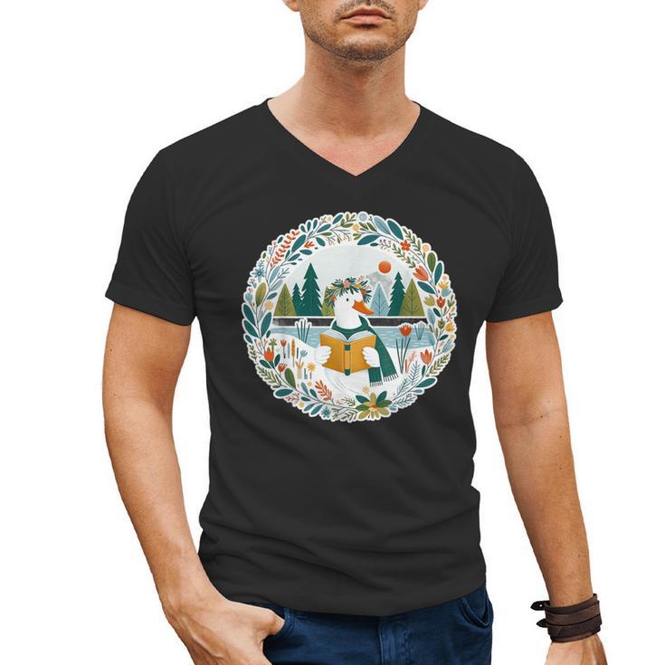 Duck Wilderness Book Reading Illustration Floral Men's V-Neck T-Shirt