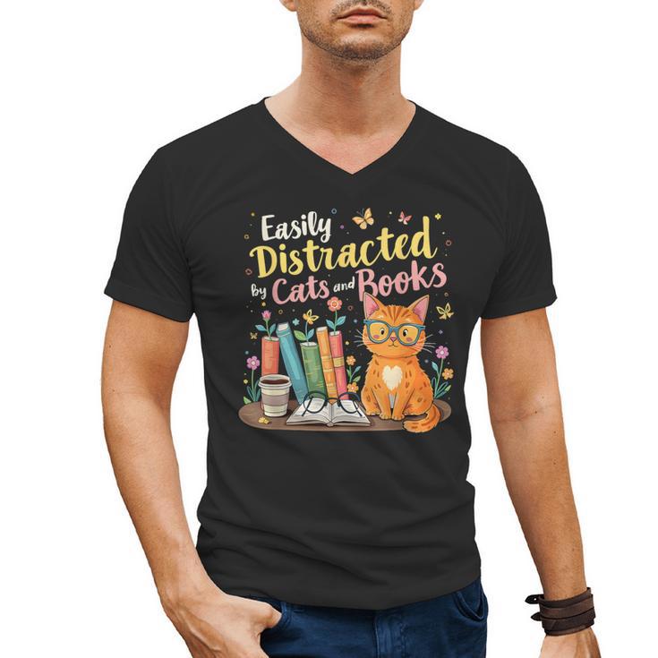 Easily Distracted By Cats And Books Book & Cat Lover Men's V-Neck T-Shirt