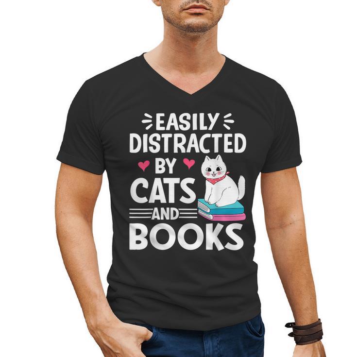 Easily Distracted By Cats And Books Cute Cat And Book Lovers Men's V-Neck T-Shirt