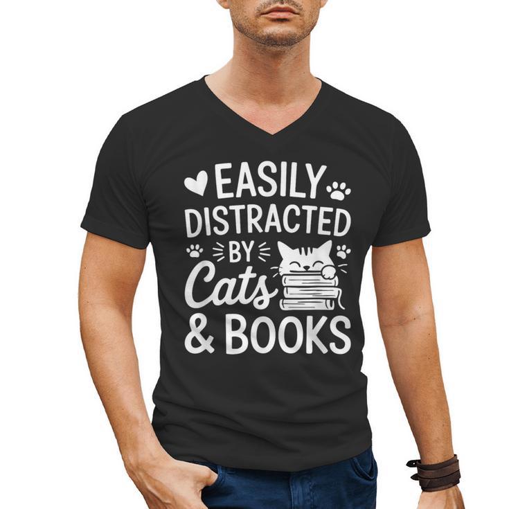 Easily Distracted By Cats And Books Reading Apparel Men's V-Neck T-Shirt