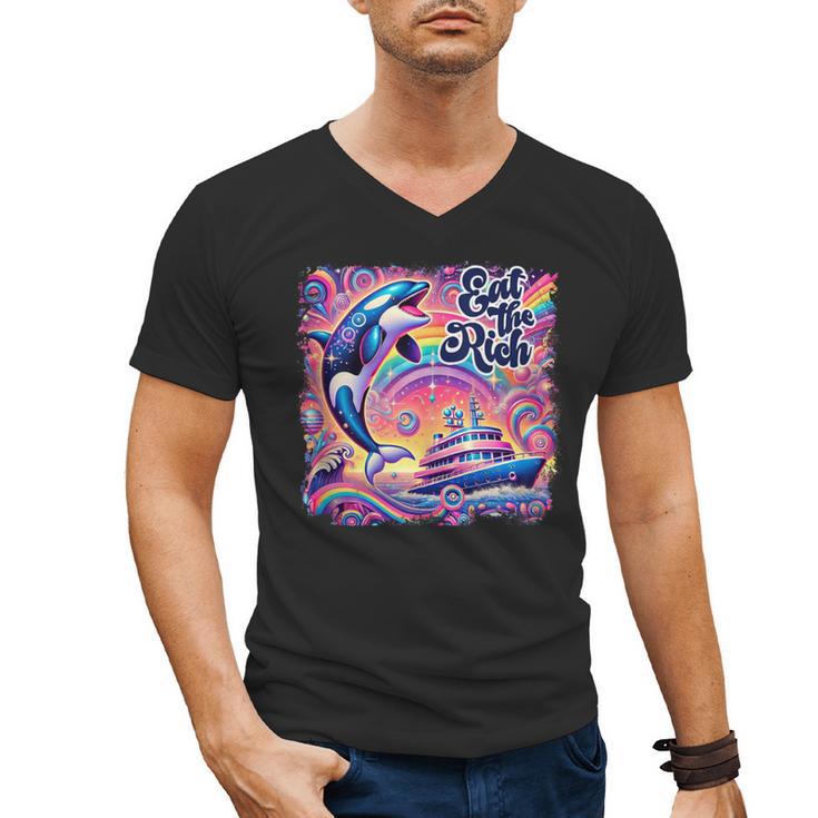 EAT THE RICH 90S NOSTALGIA WHALE ORCA YAHCT RETRO Men's V-Neck T-Shirt