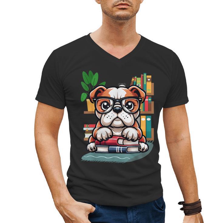 English Bulldog Reading a Book Dog Men's V-Neck T-Shirt