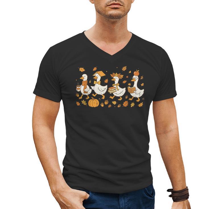 Fall Goose Reading Book Teacher Autumn Pumpkin Cozy Season Men's V-Neck T-Shirt