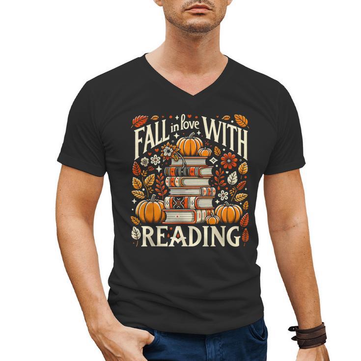 Fall In Love With Reading Book Autumn Pumpkins And Teachers Men's V-Neck T-Shirt