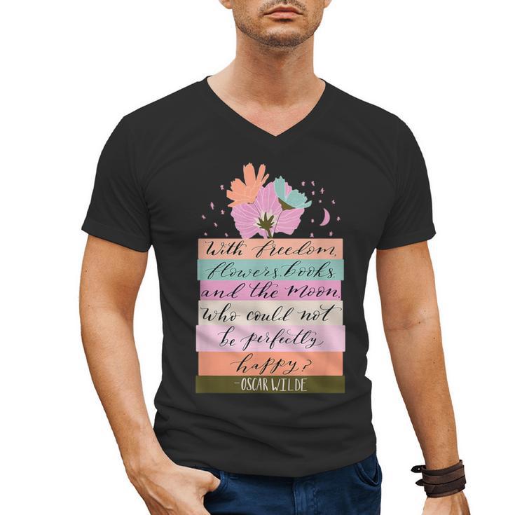 With Freedom Flowers Books And The Moon Men's V-Neck T-Shirt