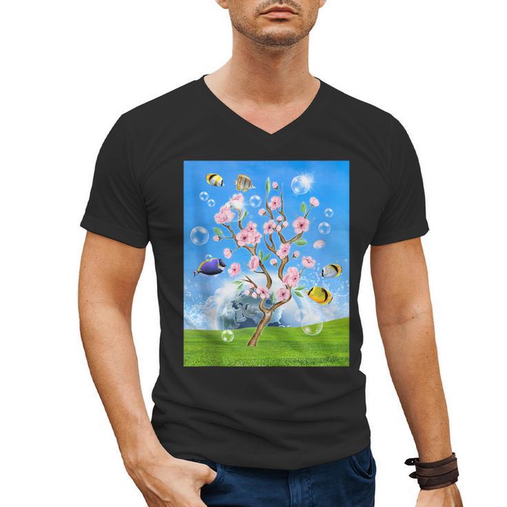Frutiger Aero Aesthetic Tech Cherry Blossom Fishes Bubbles Men's V-Neck T-Shirt