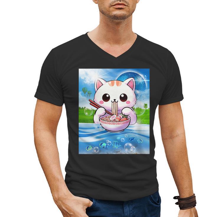 Frutiger Aero Aesthetic Tech Kawaii Ramen Cat Fishes Men's V-Neck T-Shirt
