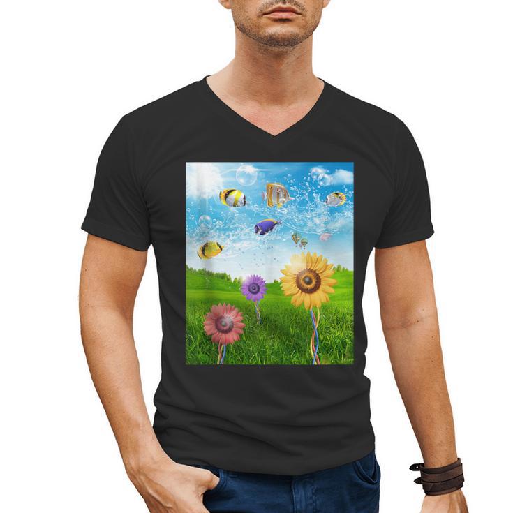 Frutiger Aero Aesthetic Tech Scenery Fishes Sunflower Men's V-Neck T-Shirt