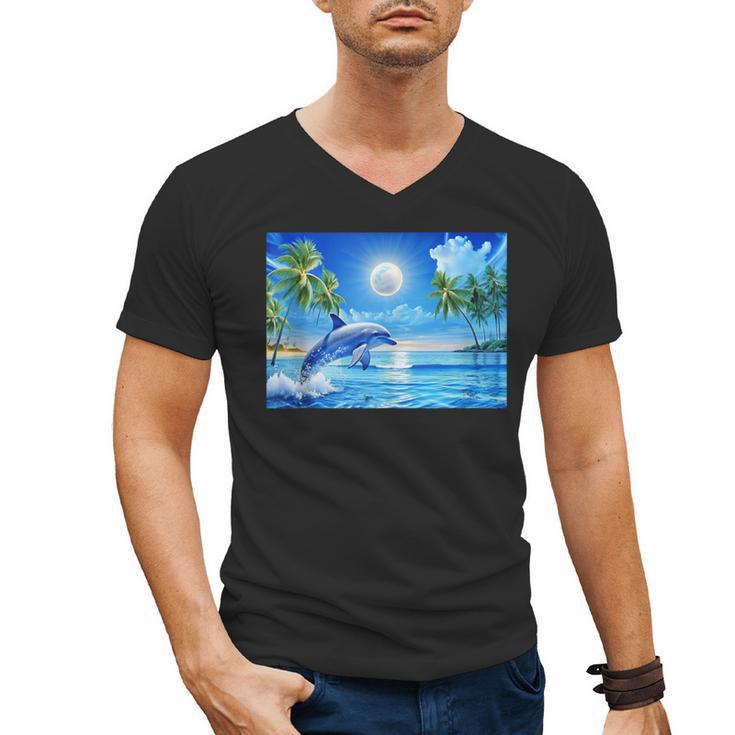Frutiger Aero Dolphin Sunset Ocean With Palm Trees Y2k Men's V-Neck T-Shirt