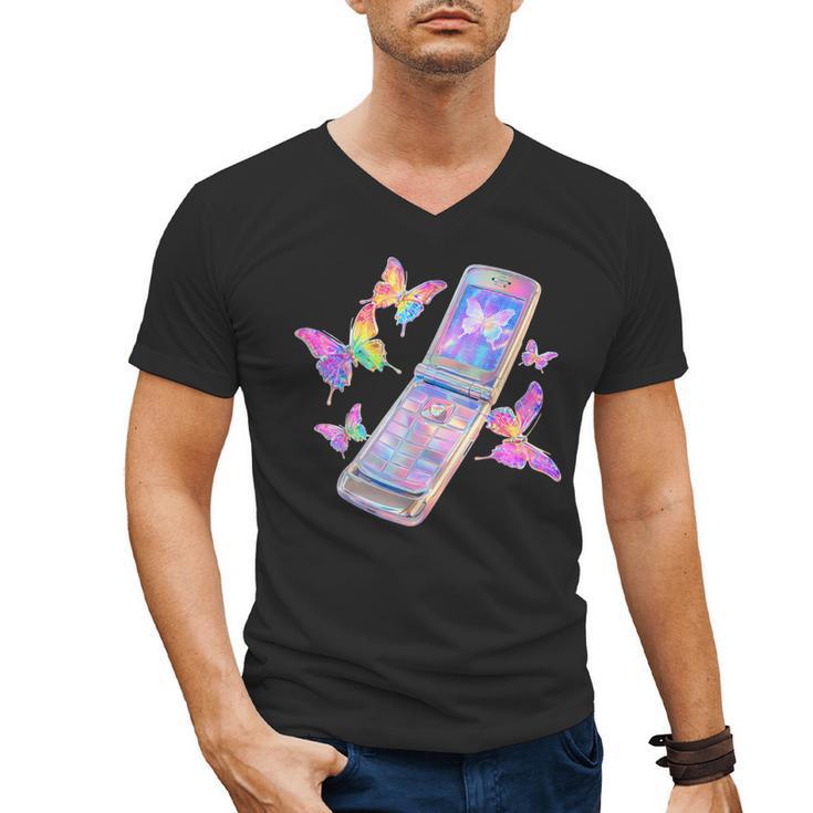 Frutiger Aero Y2K Chrome Phone Butterfly Men's V-Neck T-Shirt