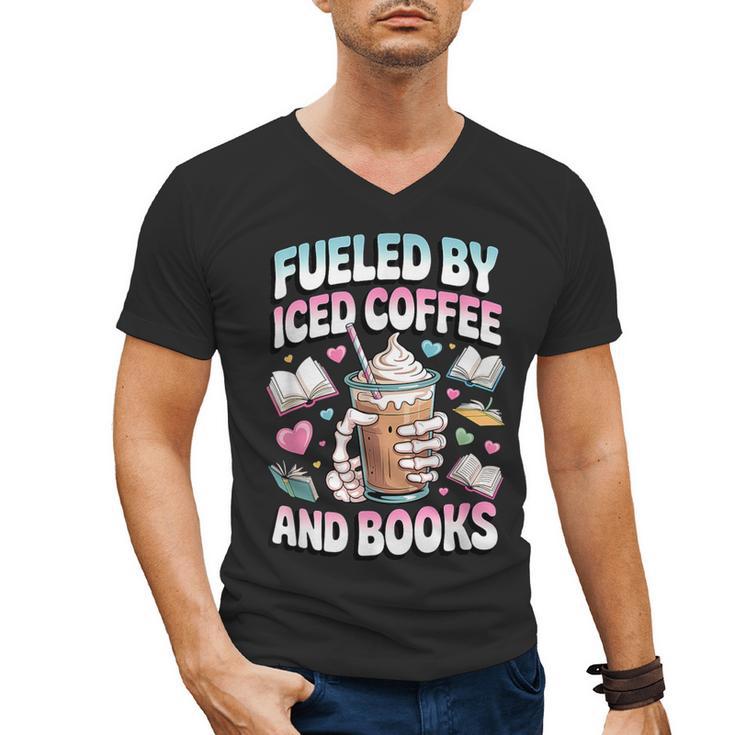 Fueled By Iced Coffee And Books Book Lover Retro Men's V-Neck T-Shirt