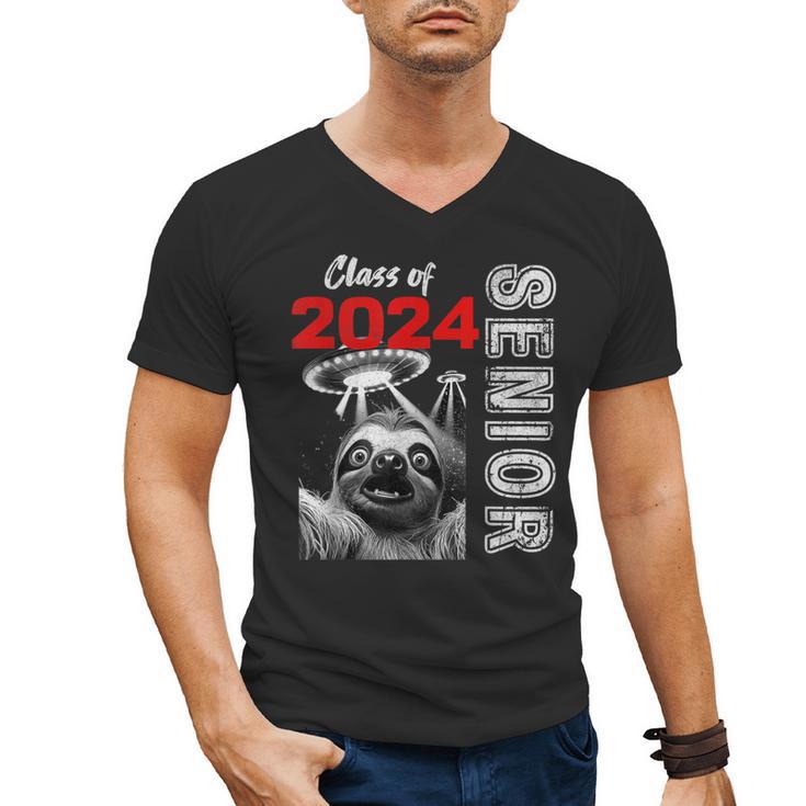 Fun Trendy UFO Sloth Graduation Class Of 2024 Senior Men's V-Neck T-Shirt