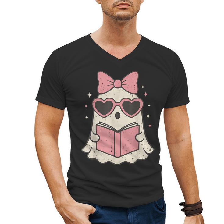 Ghost Reading Book Halloween Cat Lover Men's V-Neck T-Shirt