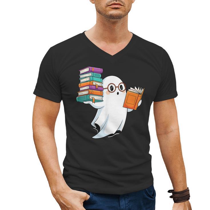 Ghost Reading Books Halloween Library Men's V-Neck T-Shirt