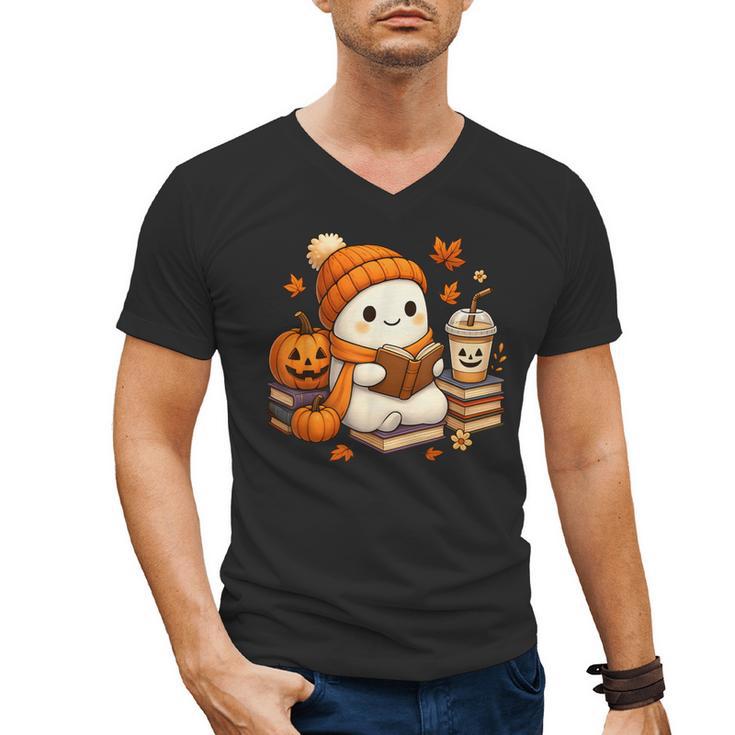 Halloween Ghost Reading Book Lovers Coffee Girl Women Men's V-Neck T-Shirt