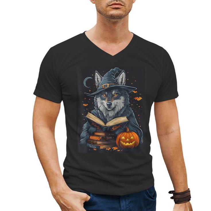 Halloween Girls Boys Cute Wolf Book Pumpkin Kids Halloween Men's V-Neck T-Shirt