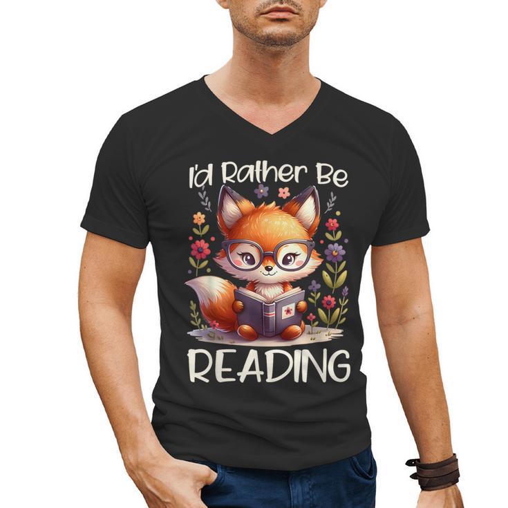 I'd Rather Be Reading Cute Fox Book Lover Reader Bookworm Men's V-Neck T-Shirt