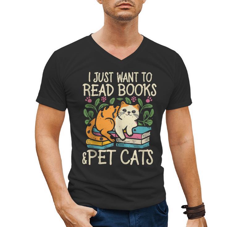 I Just Want To Read Books And Pet Cats Introvert Men's V-Neck T-Shirt