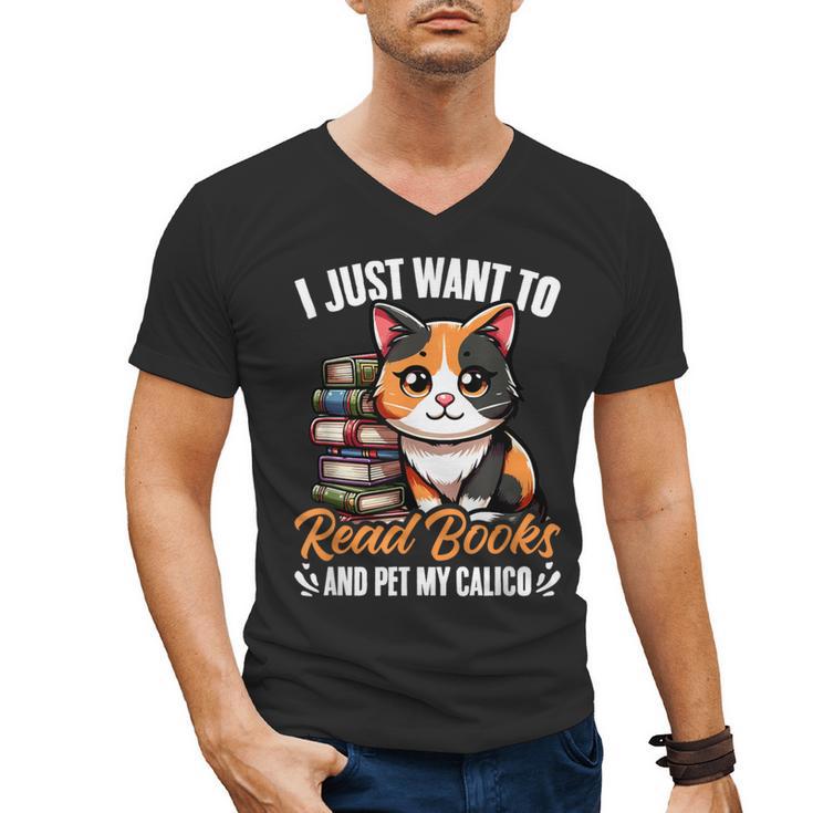Kawaii Feline Book Reading Read Books Pet My Calico Cat Men Women Men's V-Neck T-Shirt