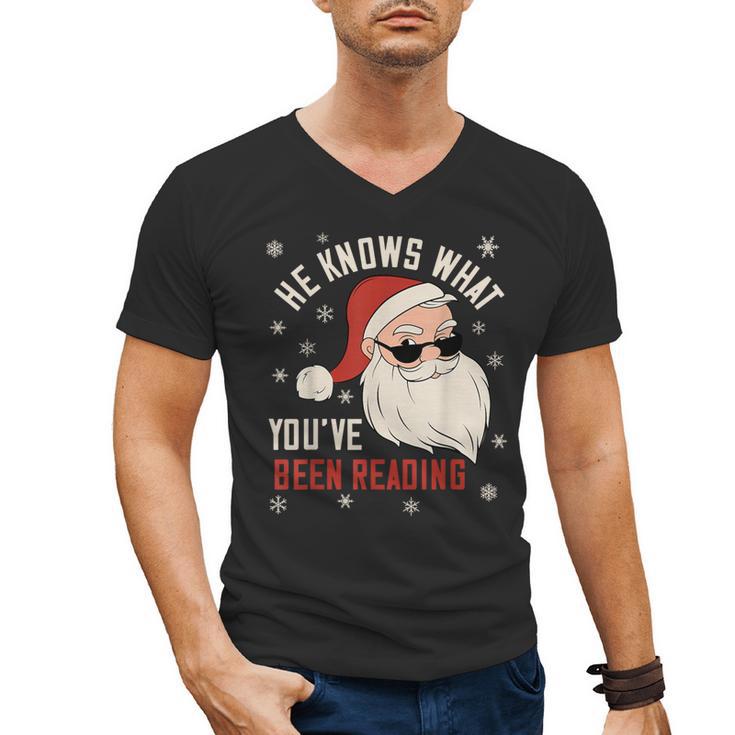 He Knows What You'Ve Been Reading Book Lover Women Santa Men's V-Neck T-Shirt