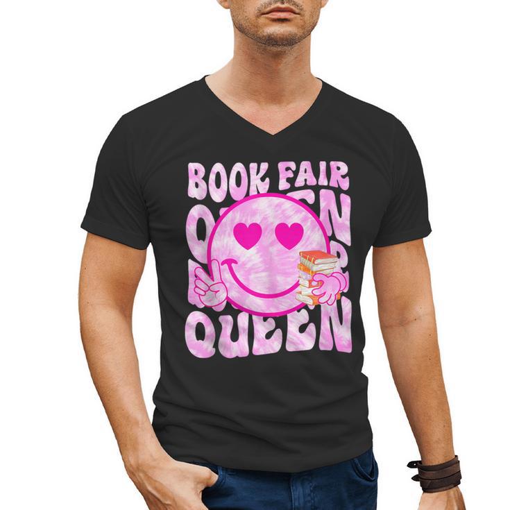 Library Book Fair Queen Vibe Groovy Tie Dye School Reading Men's V-Neck T-Shirt