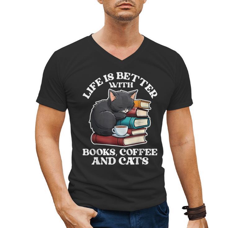 Life Is Better With Books Cats & Coffee Librarian Book Lover Men's V-Neck T-Shirt