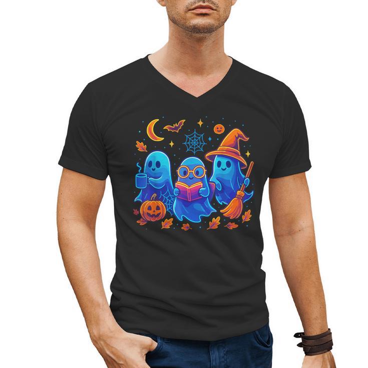 Little Ghost Coffee Tee Spooky Season Ghost Reading Book Men's V-Neck T-Shirt