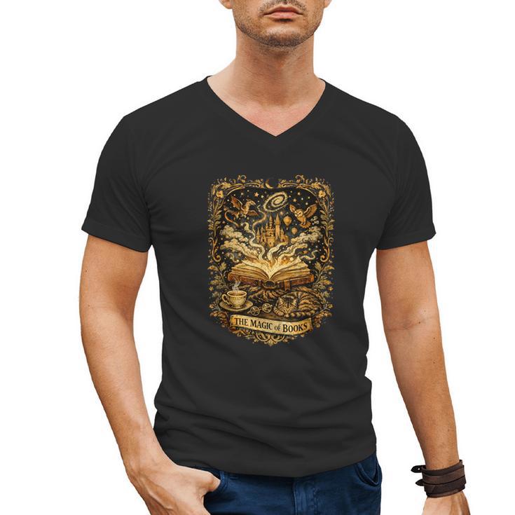 The Magic Of Books Vintage Style Reading Lover Cat & Tea Men's V-Neck T-Shirt