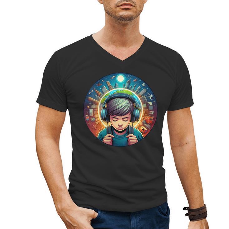 Music Enthusiast Under Starry Skies World Introvert Boy Men's V-Neck T-Shirt
