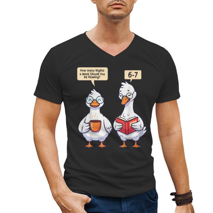How Many Nights Reading Goose Book Lover Reader Men's V-Neck T-Shirt