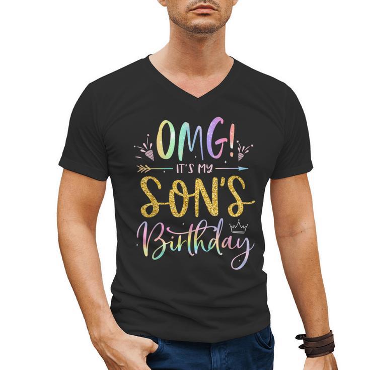 OMG It's My Son's Birthday Happy Bday Tie Dye Mom Dad Men's V-Neck T-Shirt