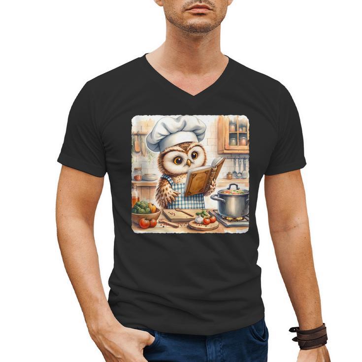 Owl Learning To Cook With Cookbook Chef Apron Stove Cooking Men's V-Neck T-Shirt