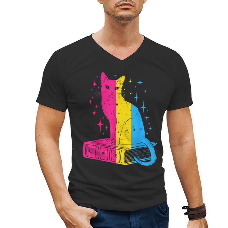 Pansexual Pride Celestial Cat Sitting Book LGBTQ Pan Colors Men Women Men's V-Neck T-Shirt
