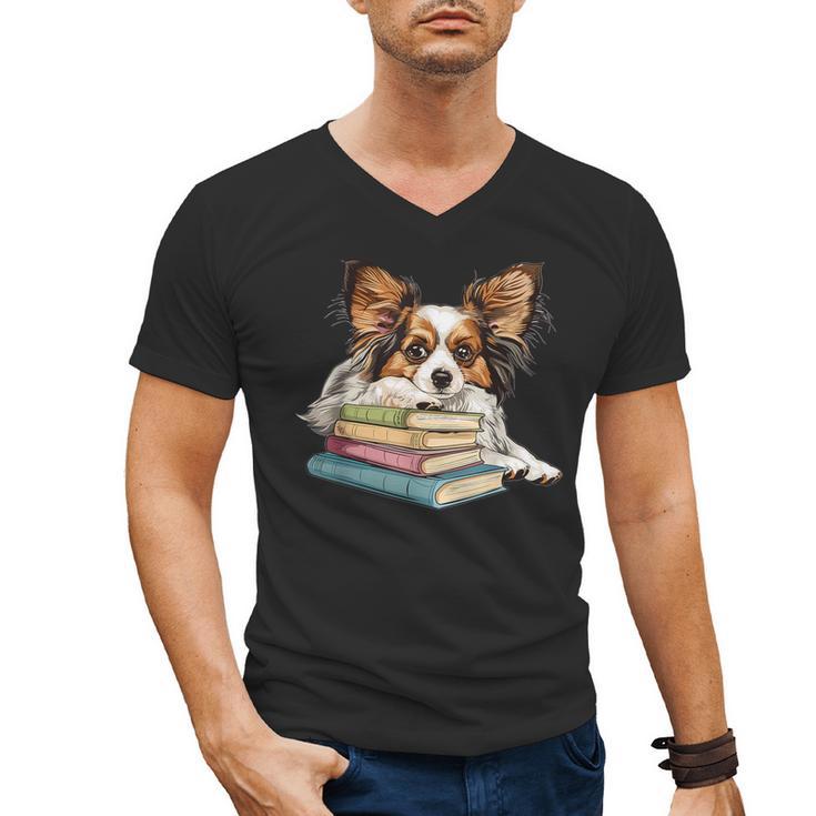 Papillon Books Reading Dog Breed Graphic For Men Women Kids Men's V-Neck T-Shirt