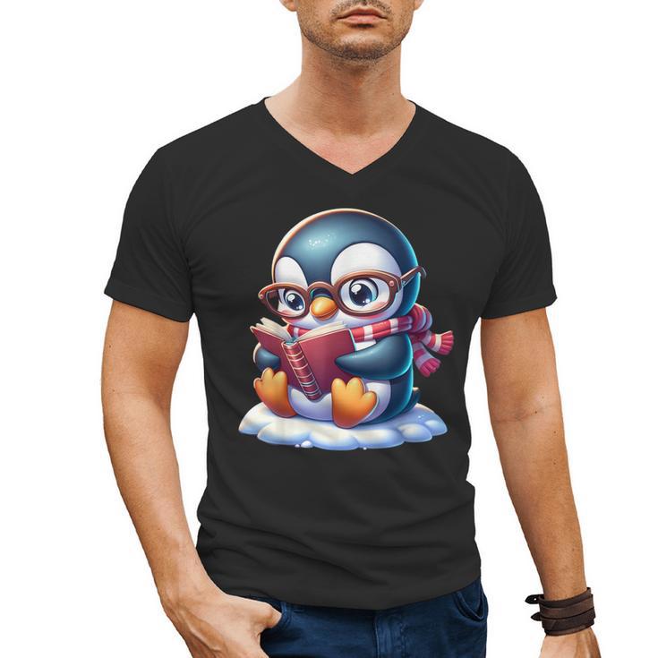 Penguin Reading a Book Animal Men's V-Neck T-Shirt