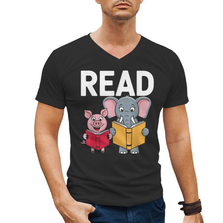 Pig Elephant Reading Cute Book Lover Bookworm Boys Girls Kid Men's V-Neck T-Shirt