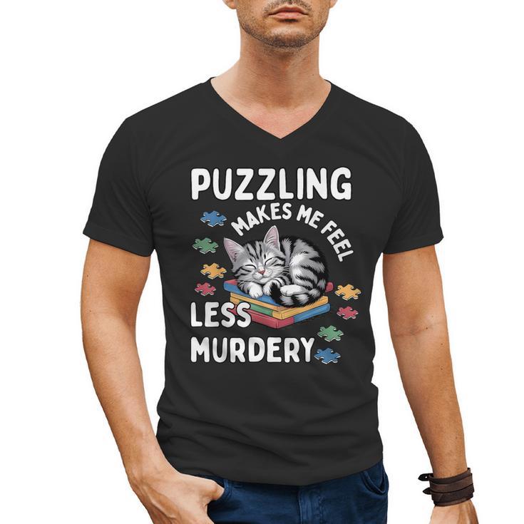 Puzzling Makes Me Feel Less Murdery Introvert Puzzle Cat Men's V-Neck T-Shirt
