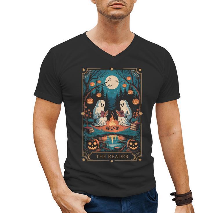 The Reader Bookish Cute Spooky Ghost Reading Book Tarot Card Men's V-Neck T-Shirt