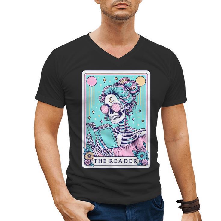 The Reader Retro Reading Skeleton Books Flowers Tarot Card Men's V-Neck T-Shirt