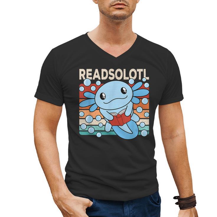 Readsolotl Blue Kawaii Axolotl Book Lover Reading Retro Men's V-Neck T-Shirt