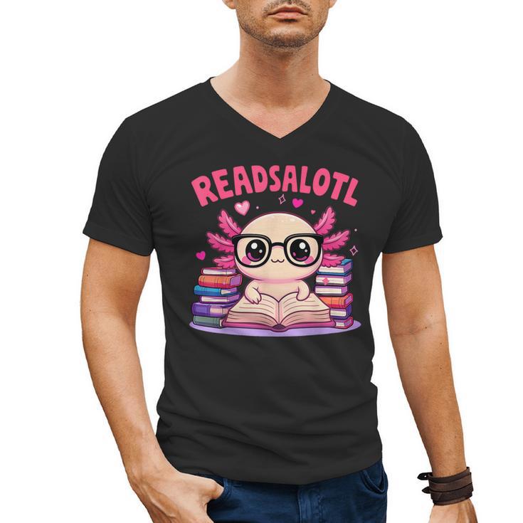 Readsolotl Pink Kawaii Axolotl Book Lover Reading Men's V-Neck T-Shirt