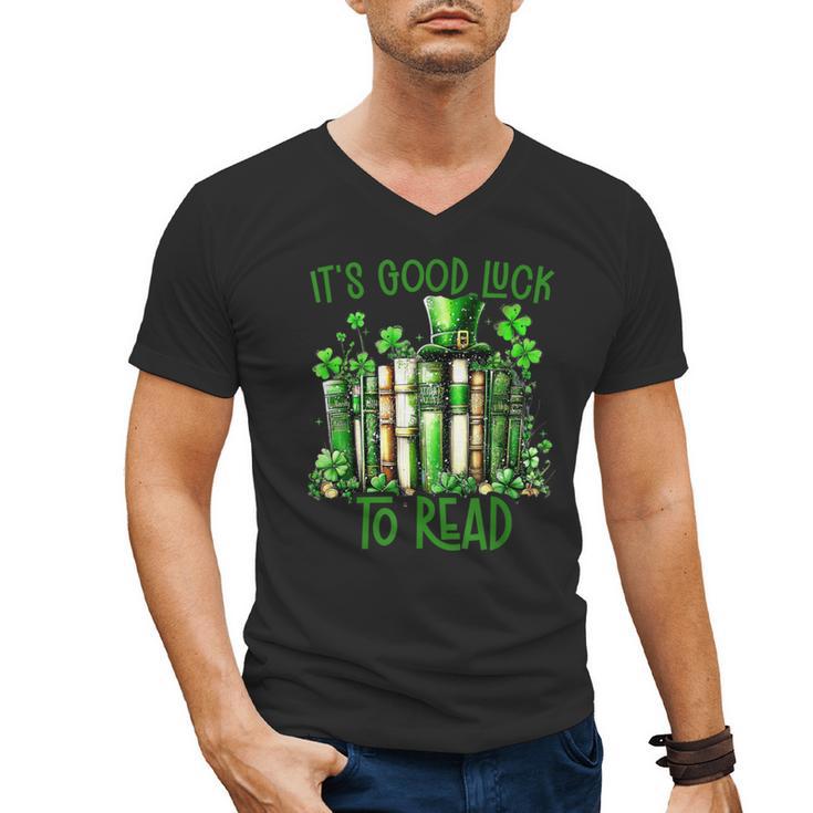 Retro Book Lucky Reading Teacher St Patrick's Day -Adults Small Cotton Blend Polyester Blend Short Sleeve Men's V-Neck T-Shirt
