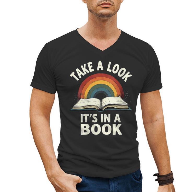 Retro Rainbow Take A Look It's In A Book Reading Men's V-Neck T-Shirt