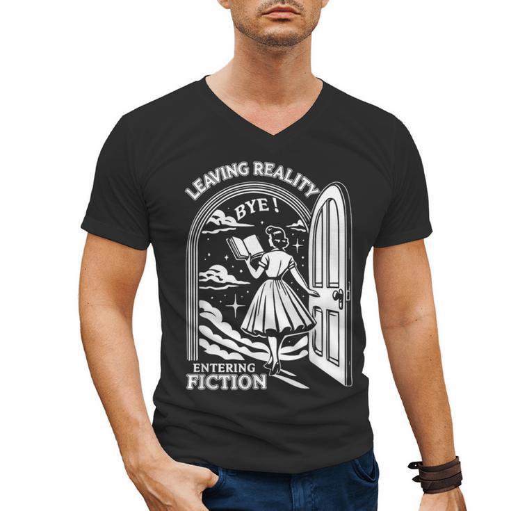 Retro Trendy Bookish Book Lover Reading Quotes Leaving Reality Entering Fiction  -Adults Small Short Sleeve T-Shirt Men's V-Neck T-Shirt