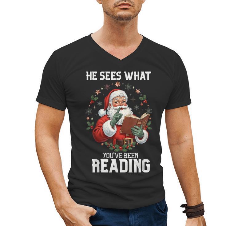 He Sees What You'Ve Been Reading Santa Book Lover Men's V-Neck T-Shirt
