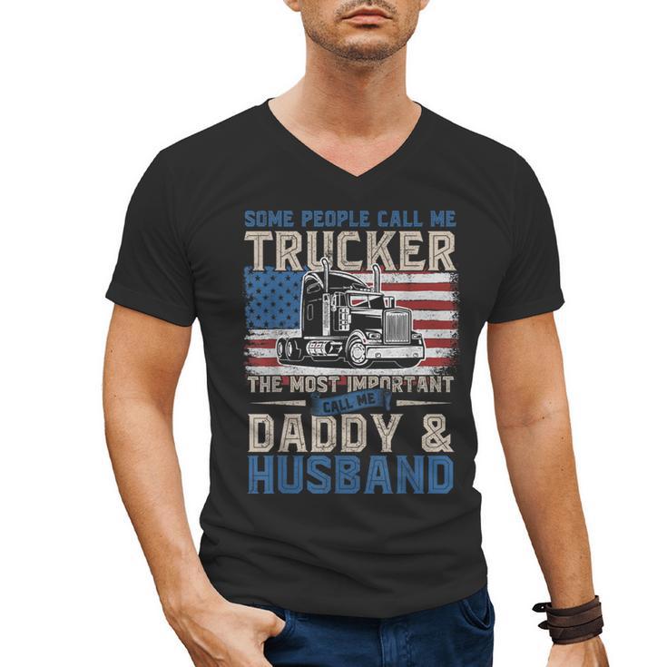 Semi Truck Driver Trucker Daddy Husband US American Flag Men's V-Neck T-Shirt