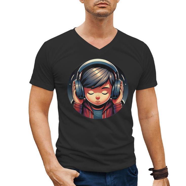 Serene Music Enthusiast With Headphones Introvert Cute Boy Men's V-Neck T-Shirt