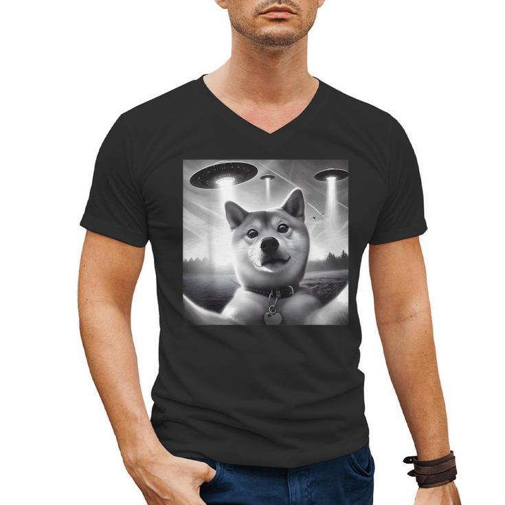 Shiba Inu Dog Dad Mom Graphic Selfie UFOs Weird Aliens Men's V-Neck T-Shirt